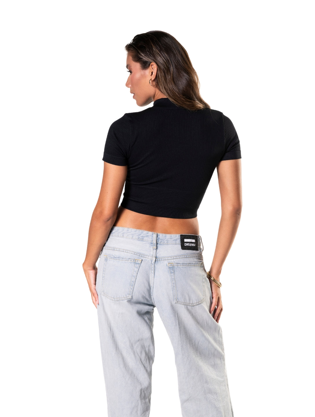 Haut court à manches courtes et fermeture éclair côtelée sans coutures